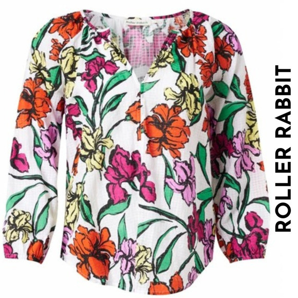 Roller Rabbit Jorales Lucy Top Iris Floral Red Purple Yellow Green, X-SMALL NWT - Picture 1 of 12